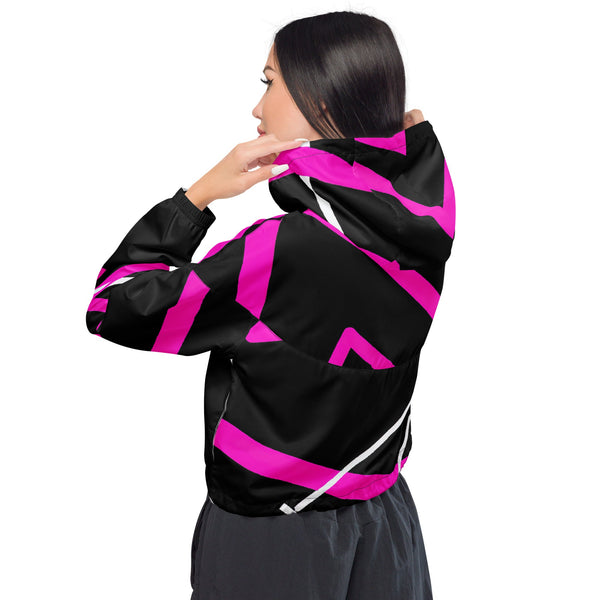 Womens Cropped Windbreaker Jacket, Black and Pink Pattern 2 - Ebz Beauty and Phyzique