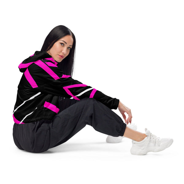 Womens Cropped Windbreaker Jacket, Black and Pink Pattern 2 - Ebz Beauty and Phyzique